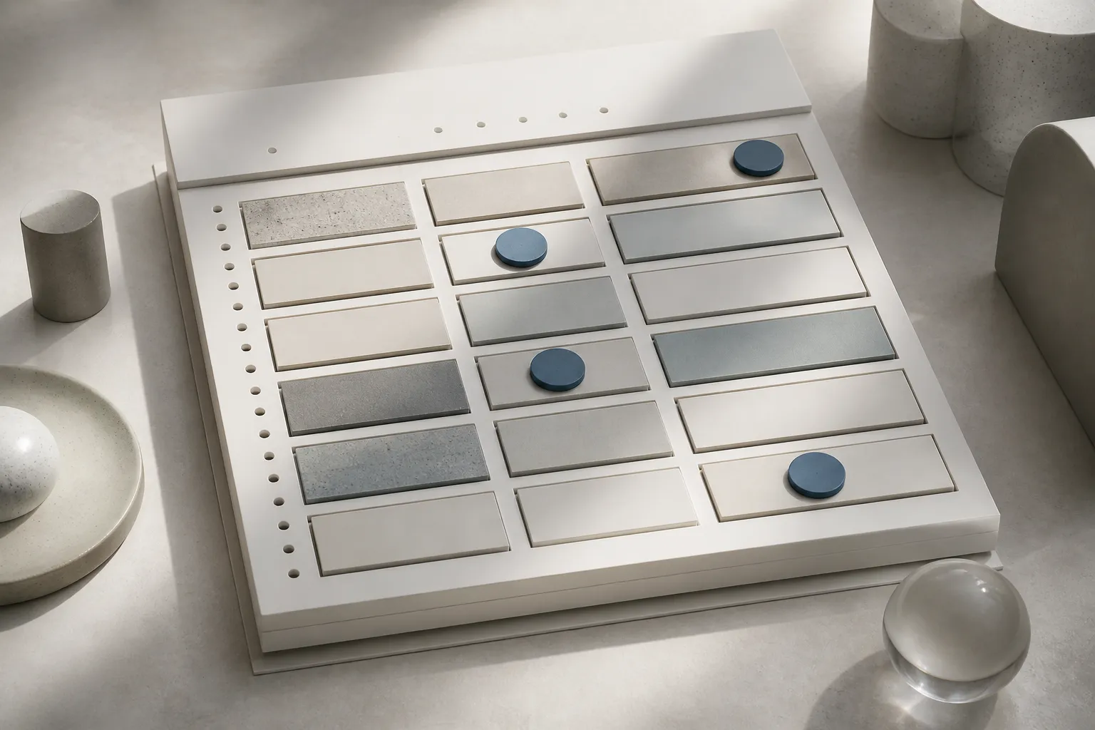 Grille abstraite de cartes et de repères qui évoque l’organisation de créneaux de rendez-vous.
