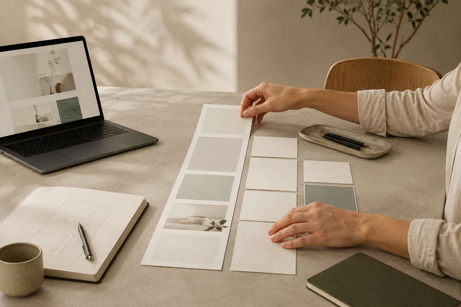 Illustration d’une main organisant des maquettes de pages web sur un plan de travail.