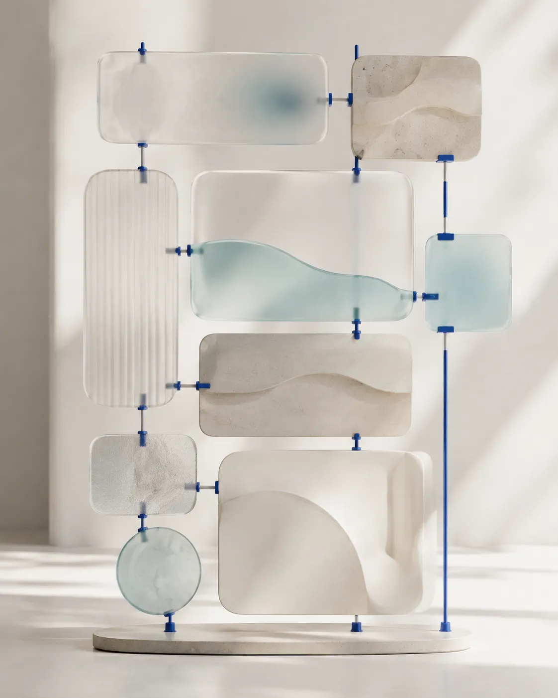 Ensemble de modules en verre dépoli reliés qui symbolise une architecture de site en plusieurs pages.