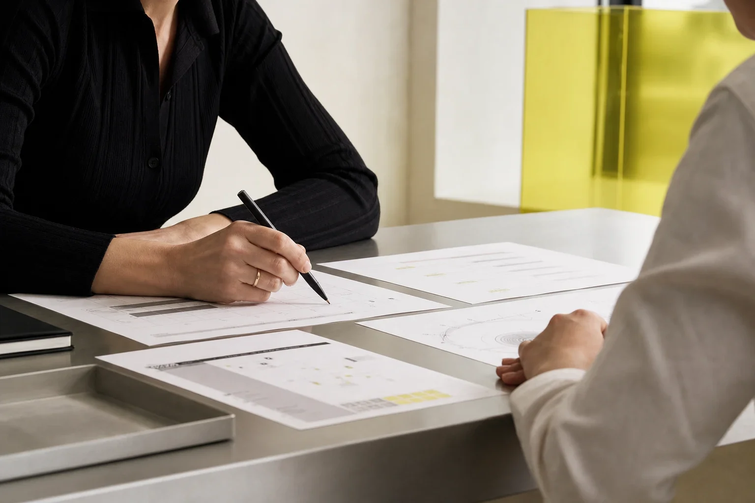 Deux personnes échangent autour de documents pendant une consultation.