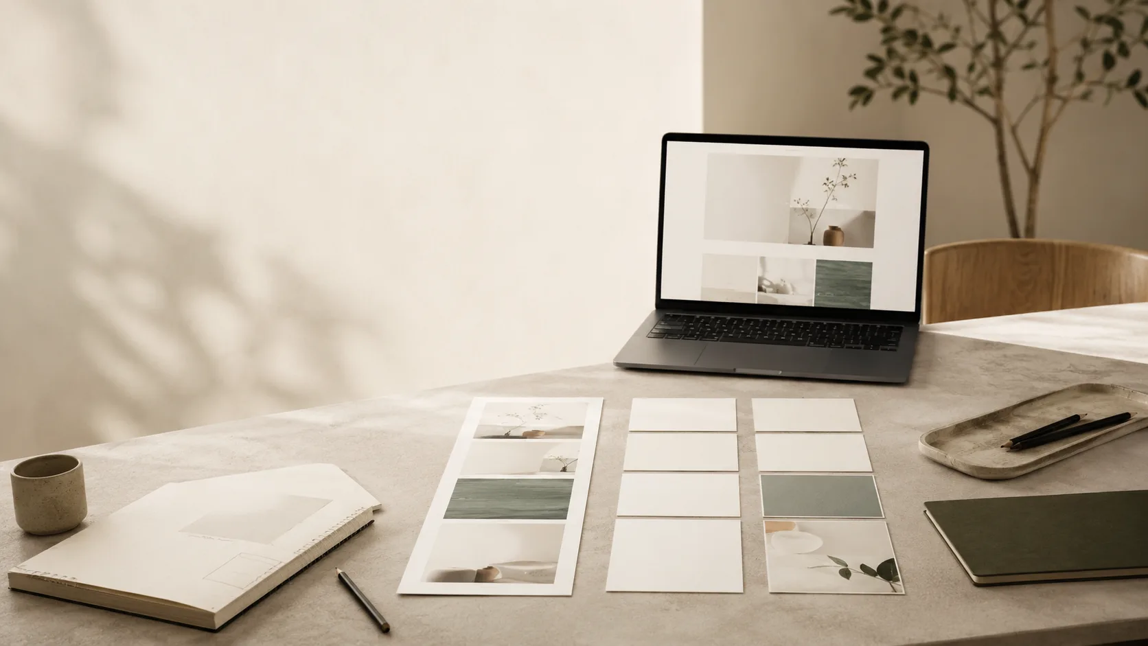 Plan de travail avec un ordinateur portable et des maquettes de pages web.