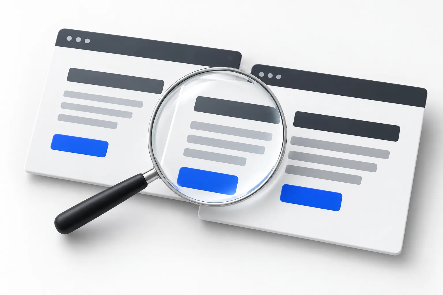 Une lentille agrandit les mêmes éléments sur deux compositions abstraites de pages web aux présentations différentes.
