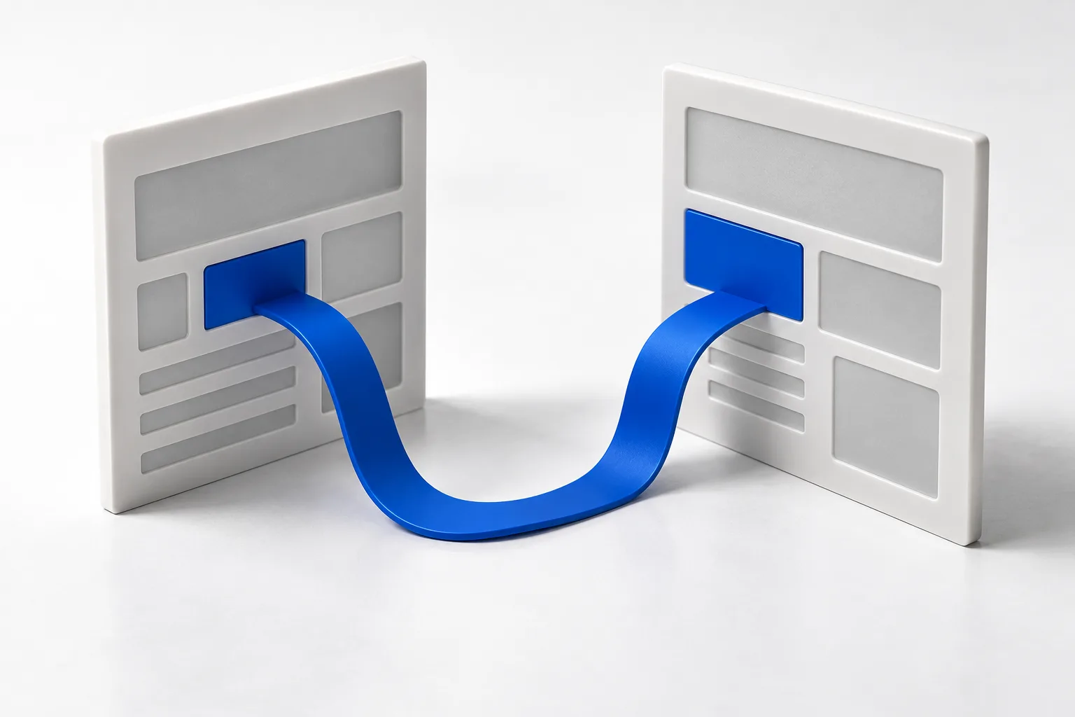Un chemin bleu relie deux panneaux abstraits évoquant les versions ancienne et nouvelle d’un site web.