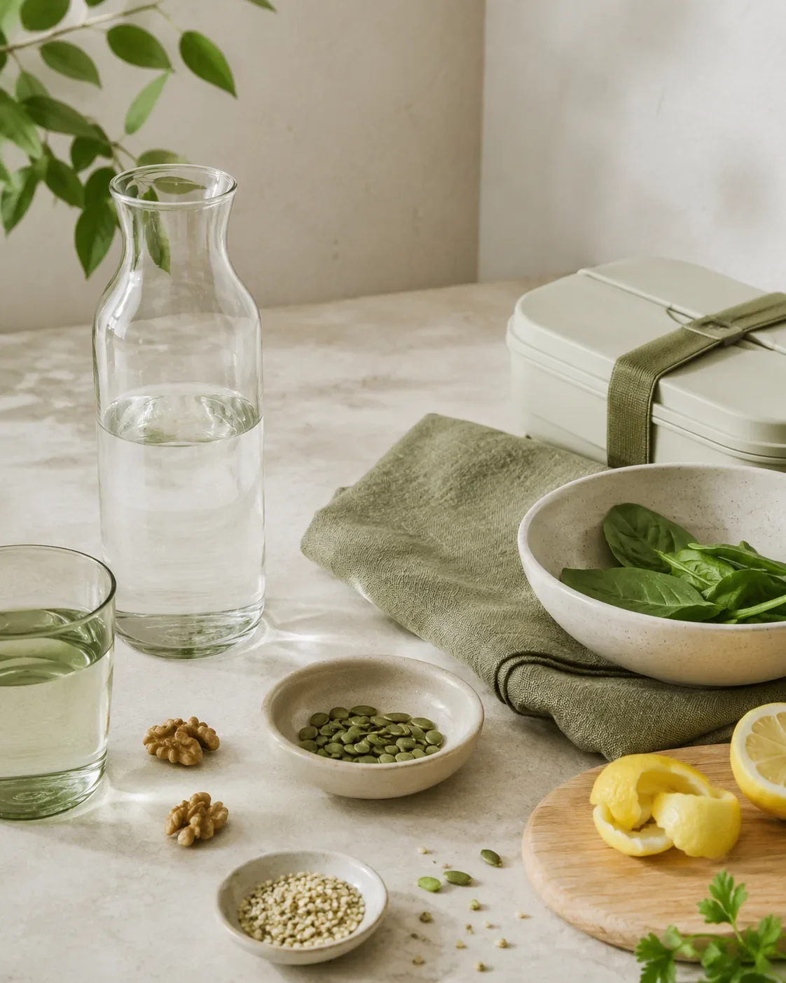 Une table préparée avec une carafe d’eau, des feuilles vertes, des graines et du citron.