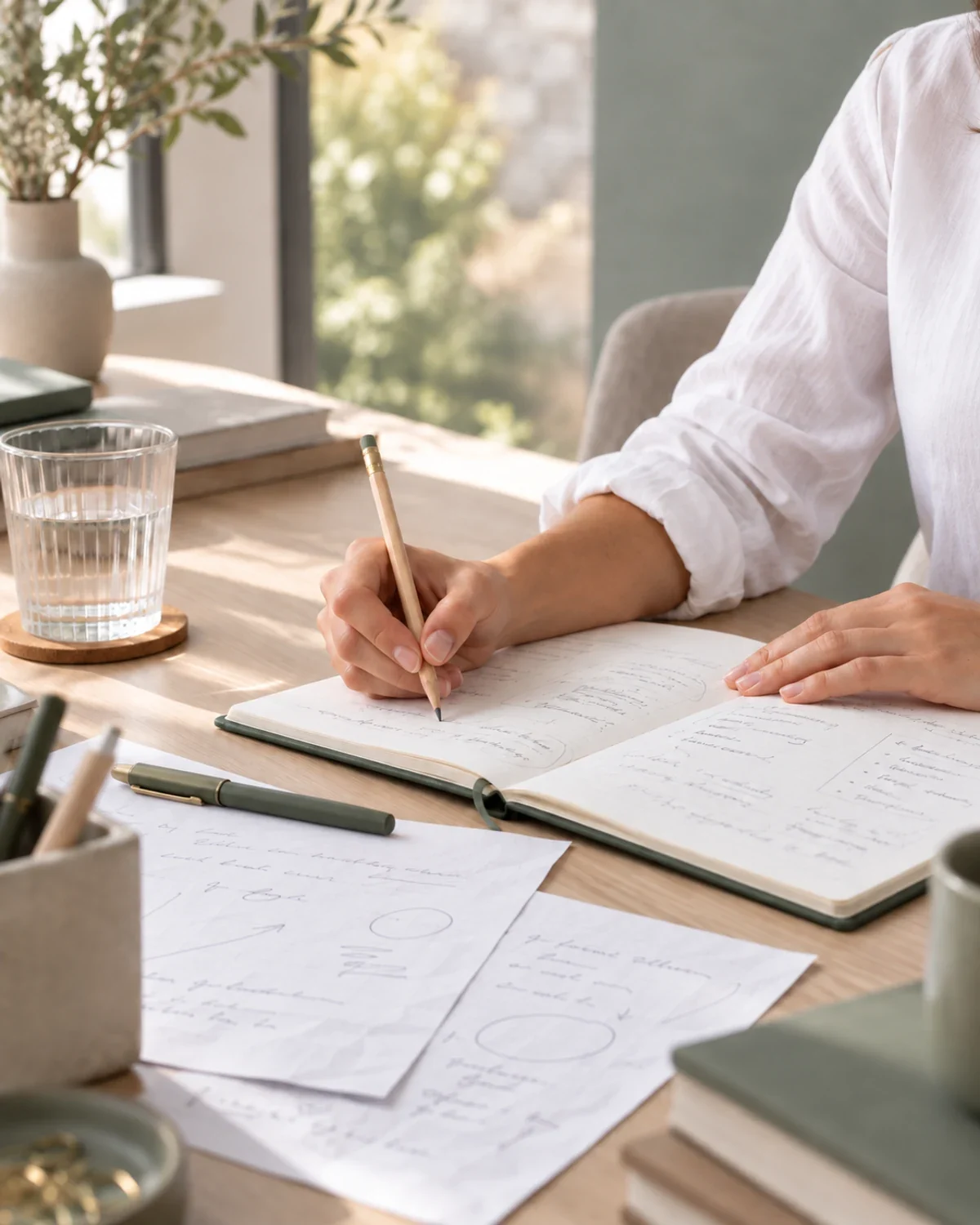 Des mains annotent un carnet et des feuilles de travail près d’une fenêtre.