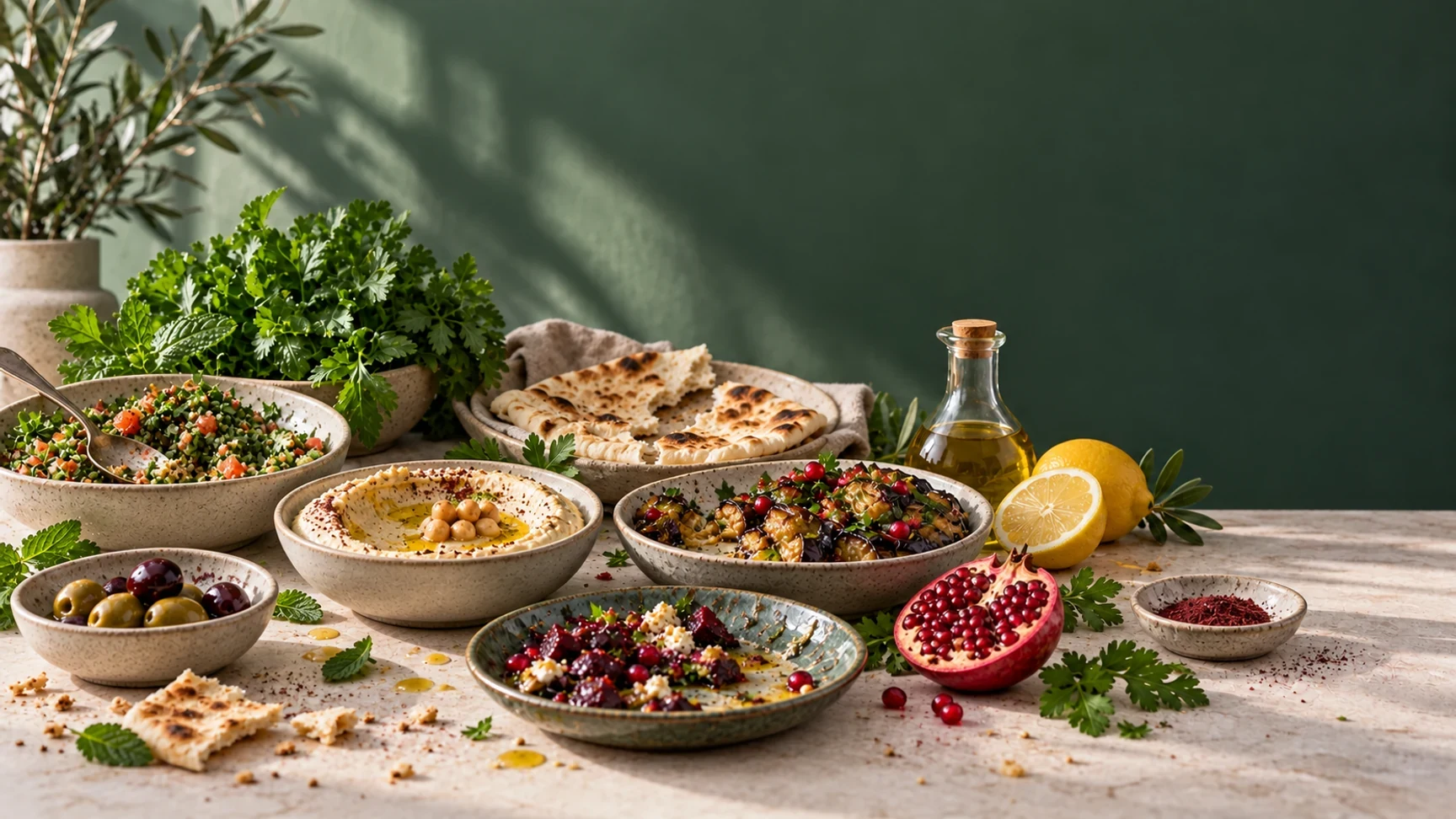 Table de mezzés partagés avec des herbes fraîches, du pain rompu, de l’aubergine, du citron et de la grenade.